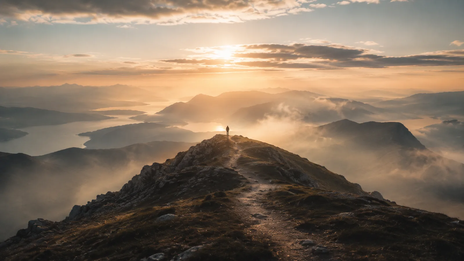 A distant figure standing on a mountain ridge at sunrise, representing perspective and long-term vision.