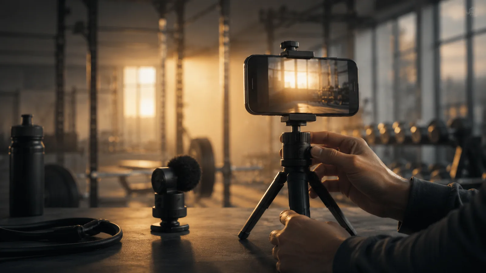 A creator setting up a phone and microphone for content production, representing professional creator craft.