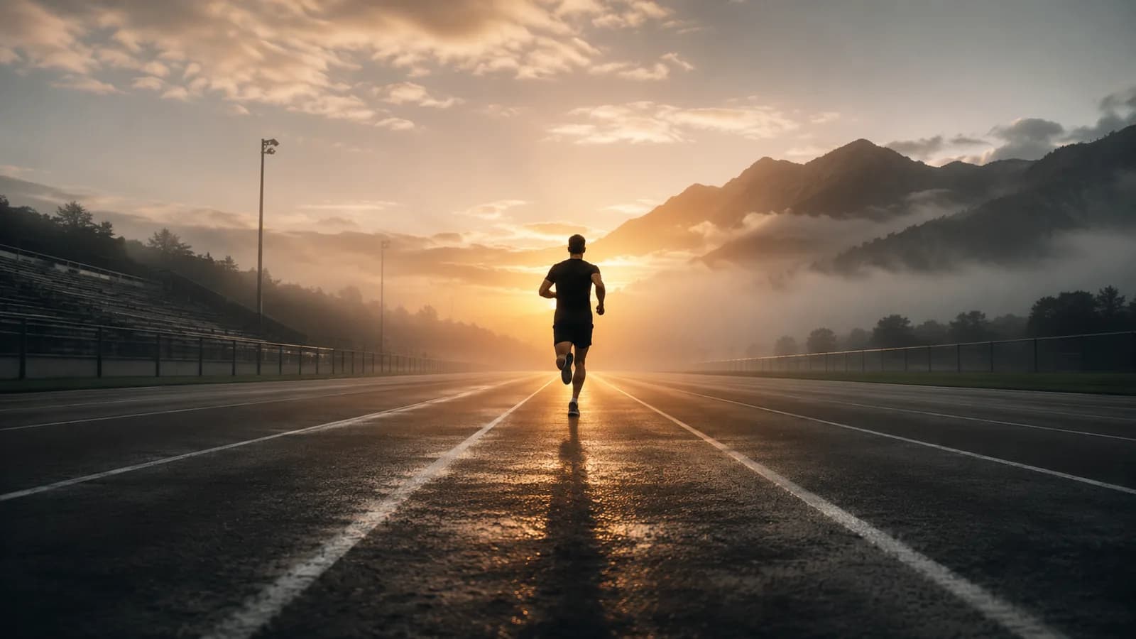 A runner moving toward sunrise on a track, representing disciplined progress and direction.