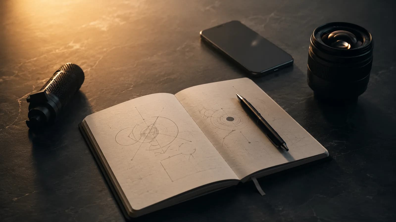 A strategic workspace with a notebook, phone, lens, and microphone, representing creator campaign planning.